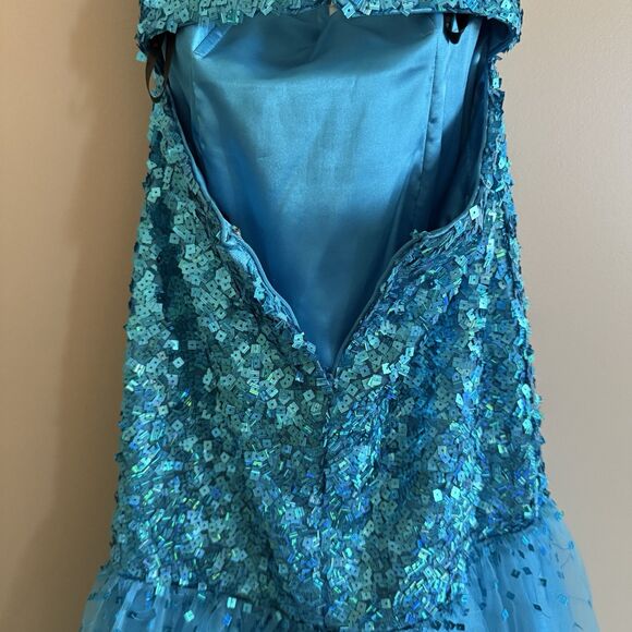 RJ CRUSH Long Mermaid PROM DRESS Aqua Blue Sequins Stones Stapless Tulle Sz 4 - Picture 12 of 15